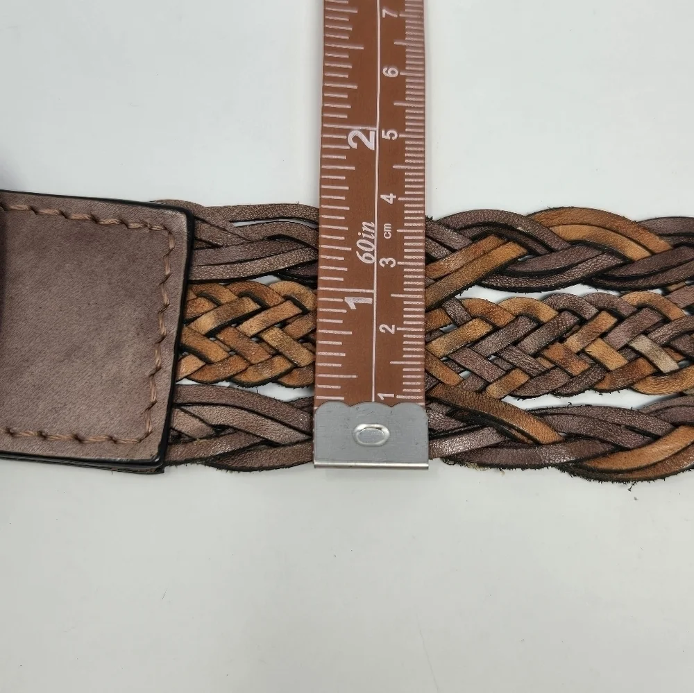 VINTAGE LUCKY BRAND BROWN TAN WOVEN LEATHER BELT OVERSIZE SILVER BUCKLE WOMEN L